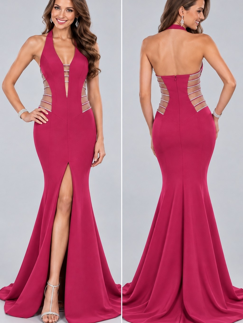 Terani Couture Deep Fuchsia Halter Mermaid Gown with Side Sequins Size 4